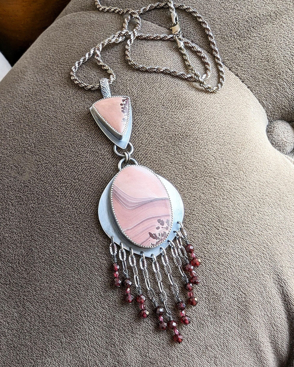 Mauve and earthy taupe jasper statement pendant with garnet accents on chain (not included)