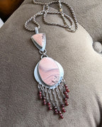 Mauve and earthy taupe jasper statement pendant with garnet accents on chain (not included)