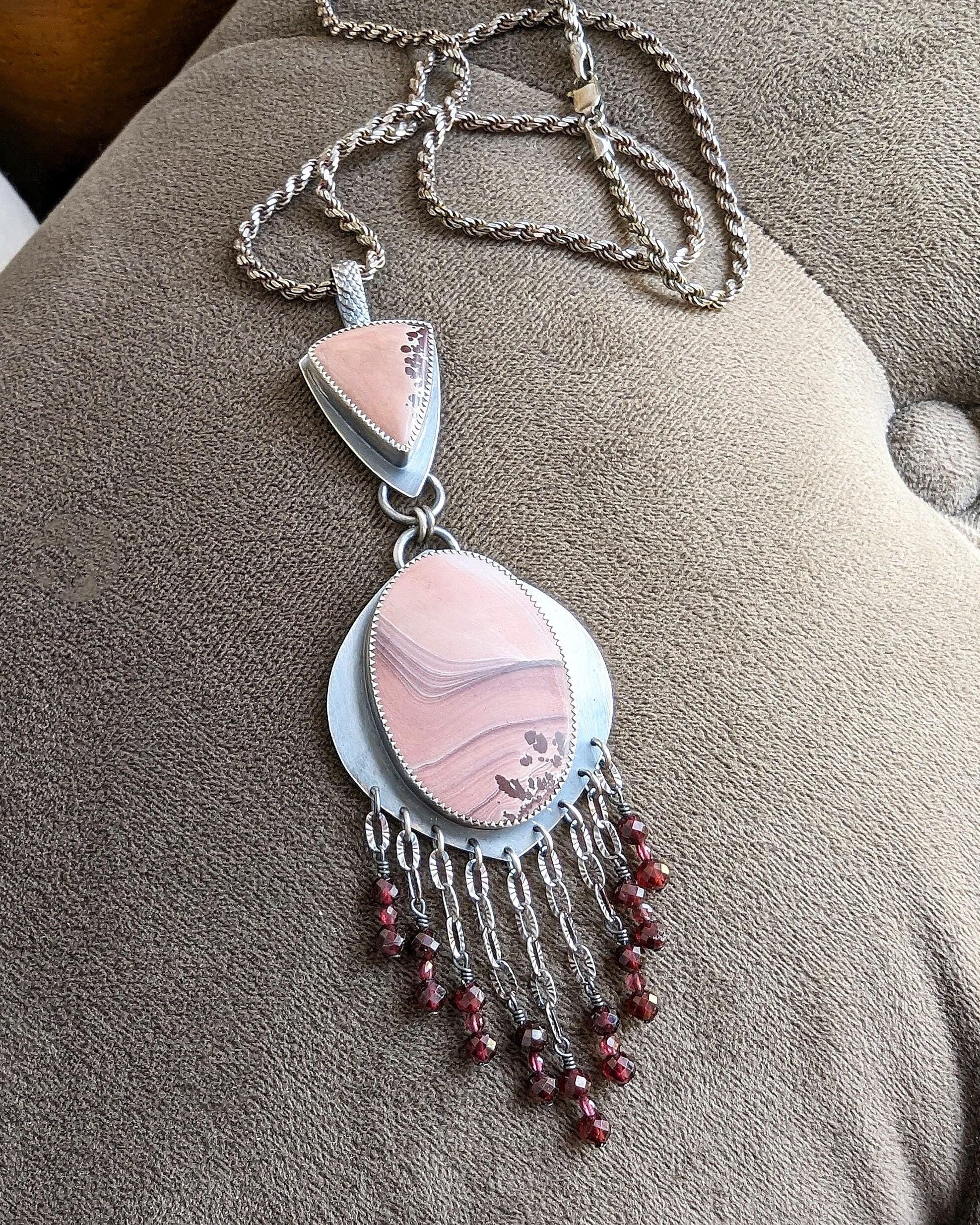 Mauve and earthy taupe jasper statement pendant with garnet accents on chain (not included)