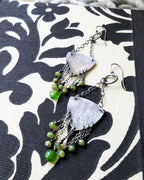 Artisan handmade green jade earrings with V shaped bead fringe