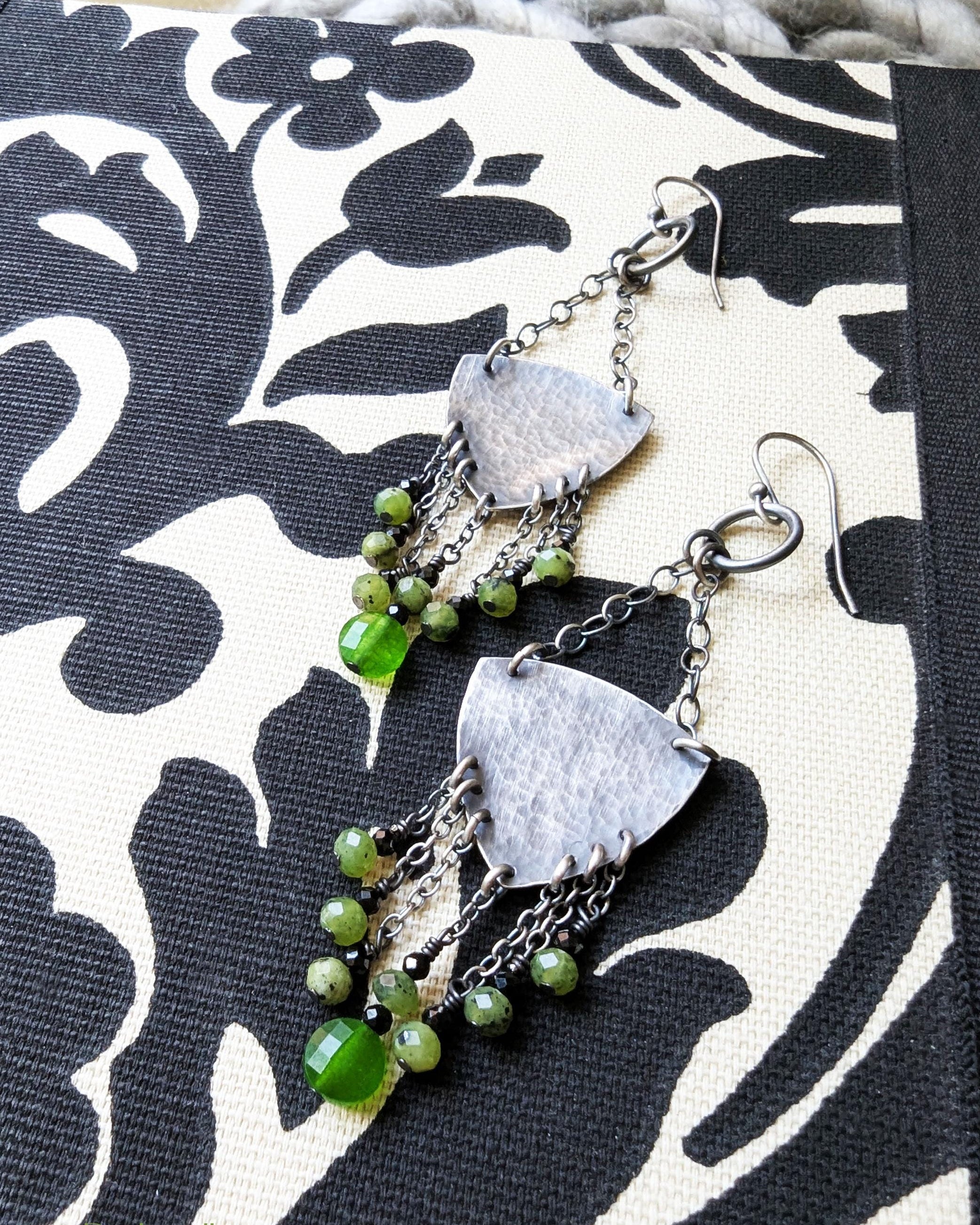 Artisan handmade green jade earrings with V shaped bead fringe