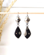 Close-up of rose cut pyrite top stone with graphic Apache pyrite dangle