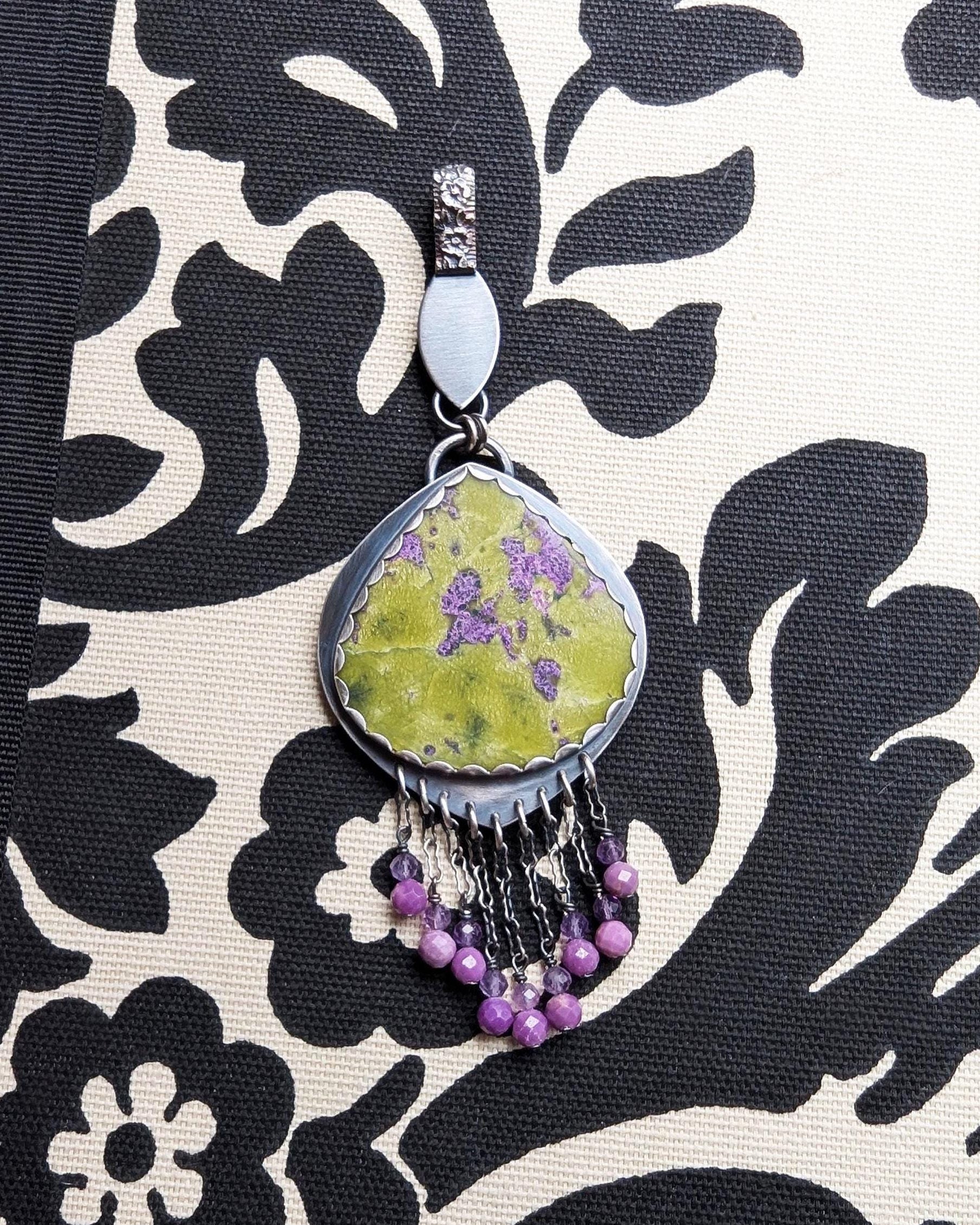 Atlantisite teardrop pendant with chartreuse and lilac pattern