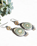 Oxidized sterling silver earrings featuring beige, sage, and dusty blue jasper
