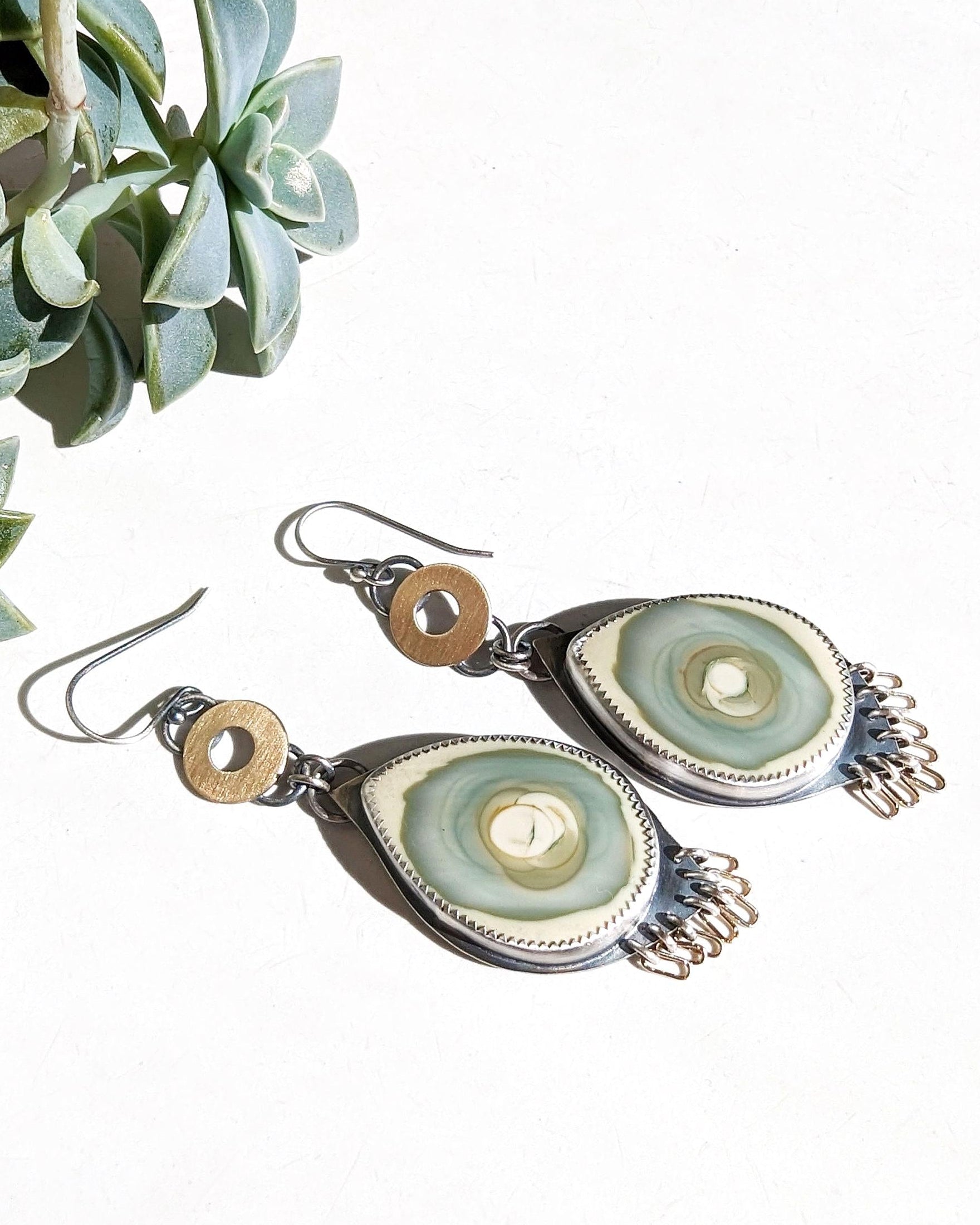 Oxidized sterling silver earrings featuring beige, sage, and dusty blue jasper