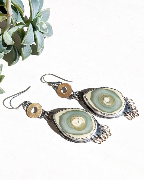 Oxidized sterling silver earrings featuring beige, sage, and dusty blue jasper