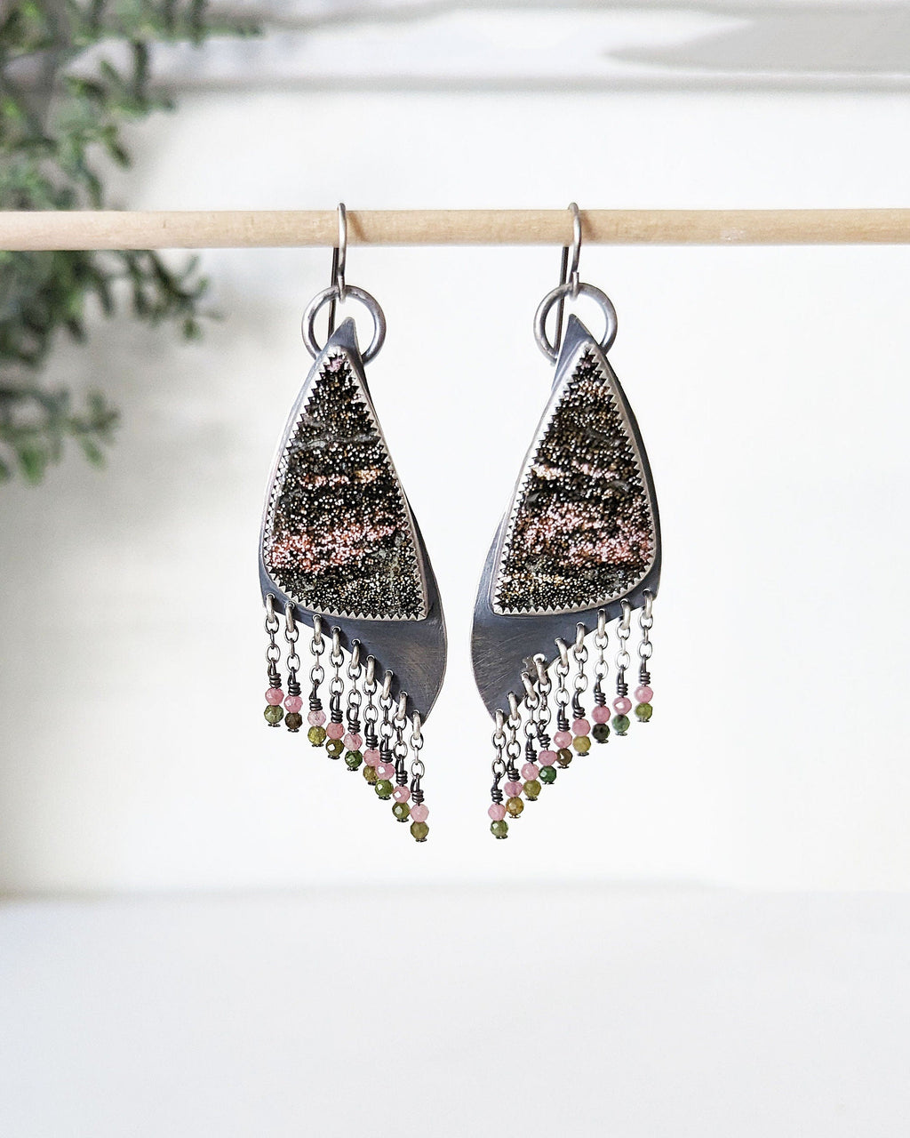 Boho chic sterling silver earrings with colorful tourmaline beads