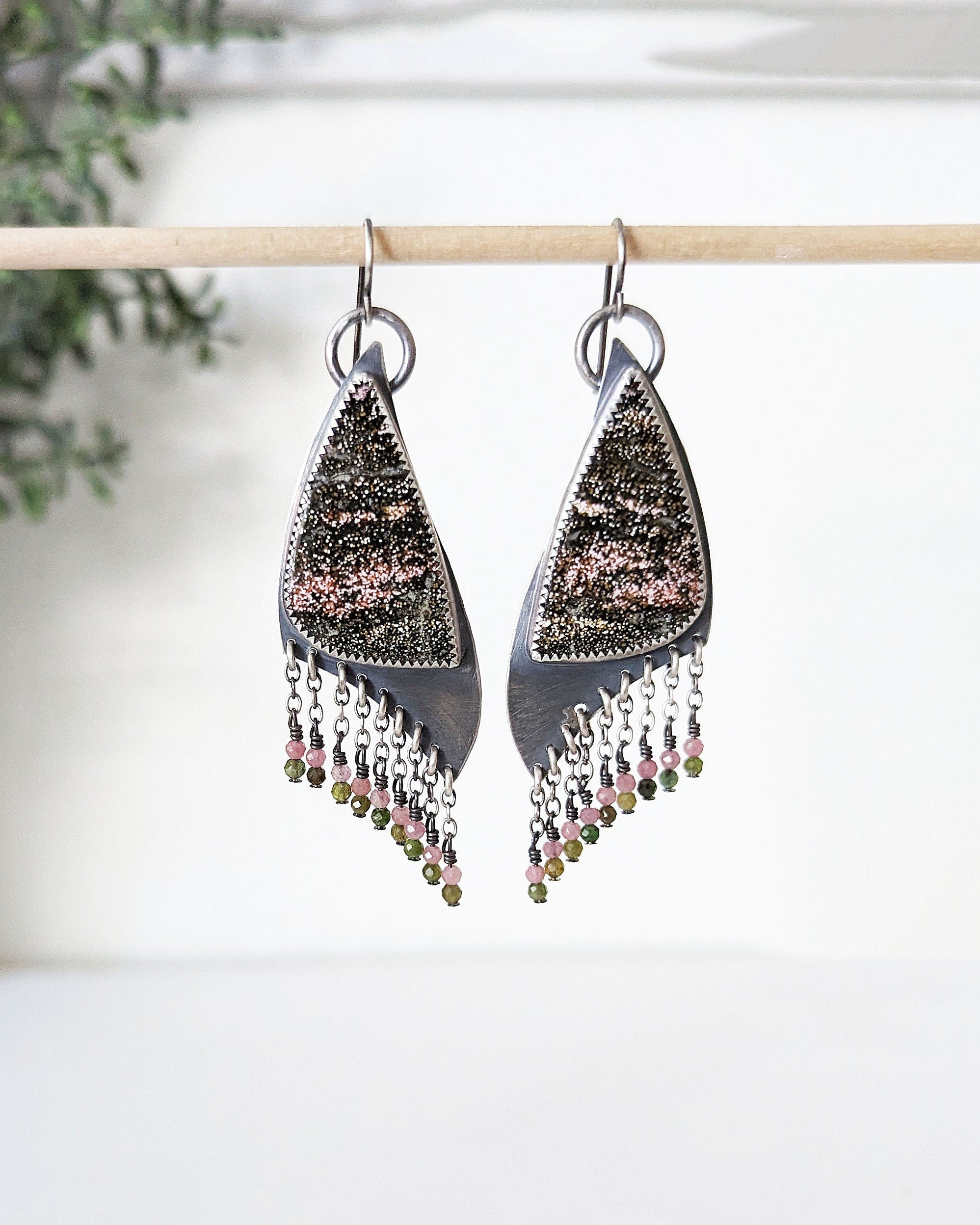 Boho chic sterling silver earrings with colorful tourmaline beads