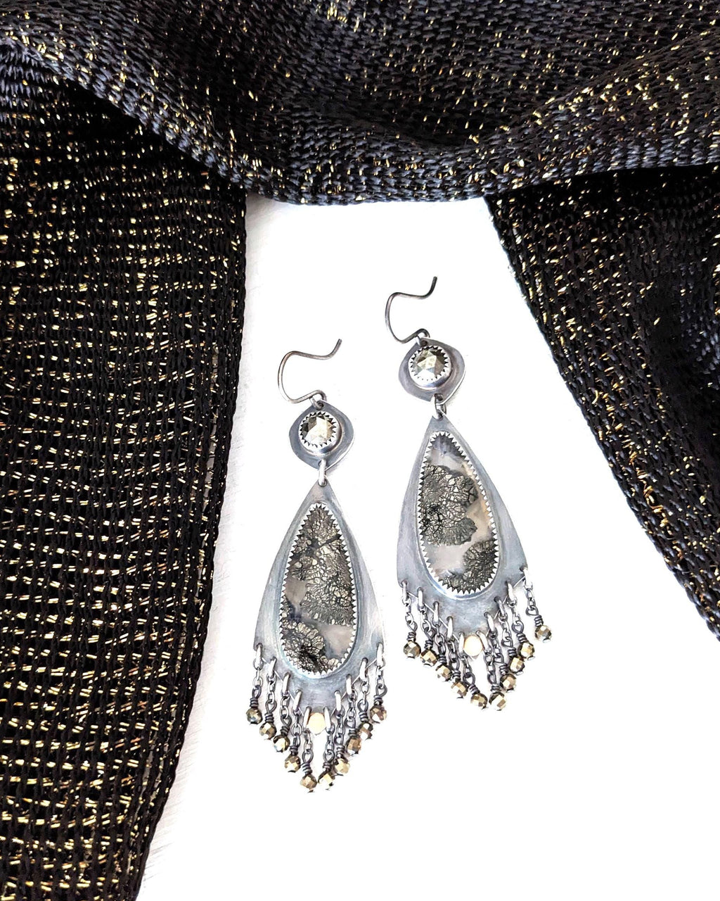 Oxidized sterling silver earrings with marcasite agate and brass coin detail