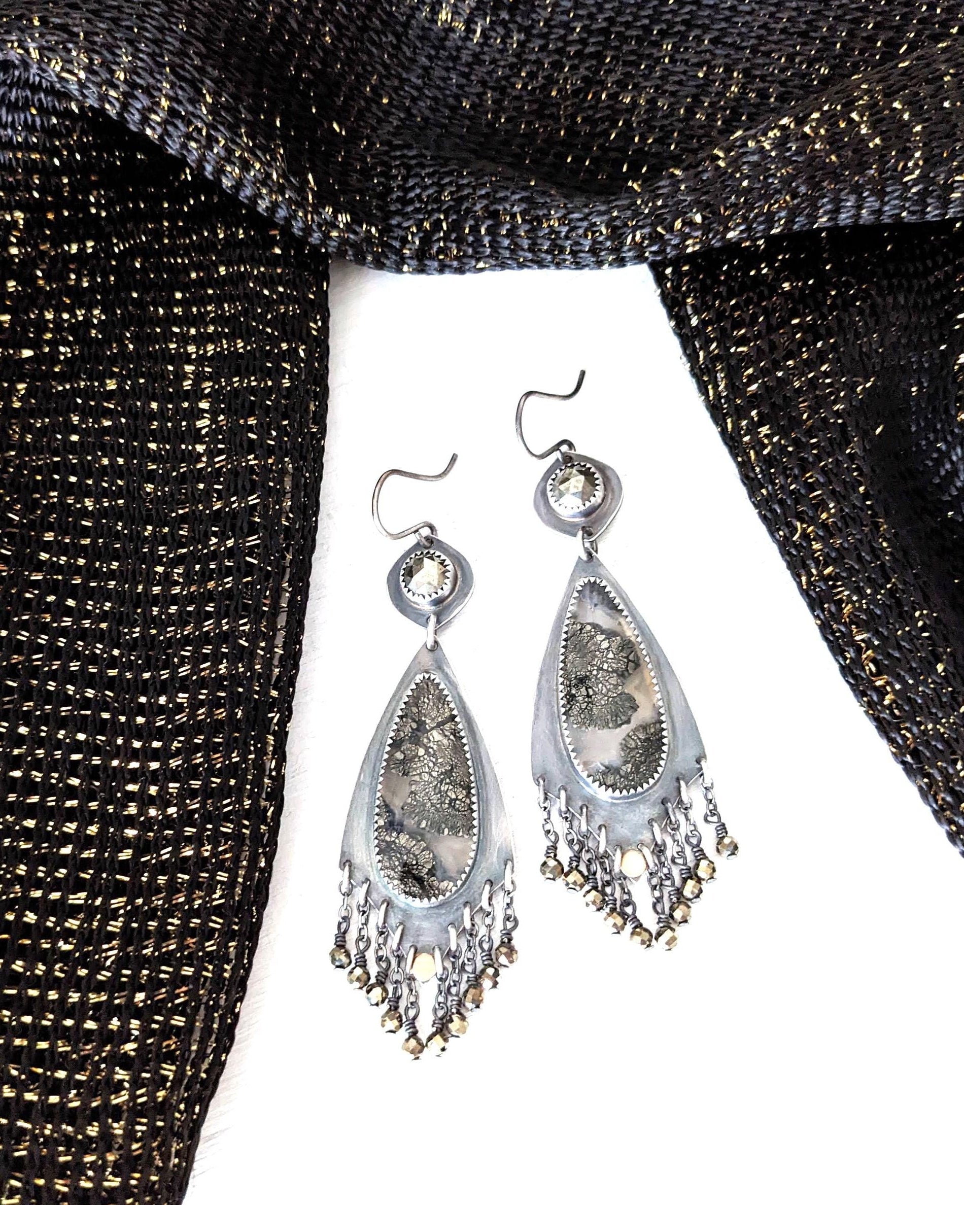 Oxidized sterling silver earrings with marcasite agate and brass coin detail