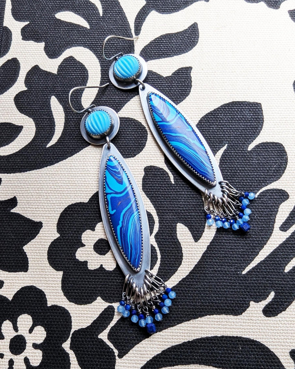 Vintage 1970s blue melon glass earrings in oxidized sterling silver