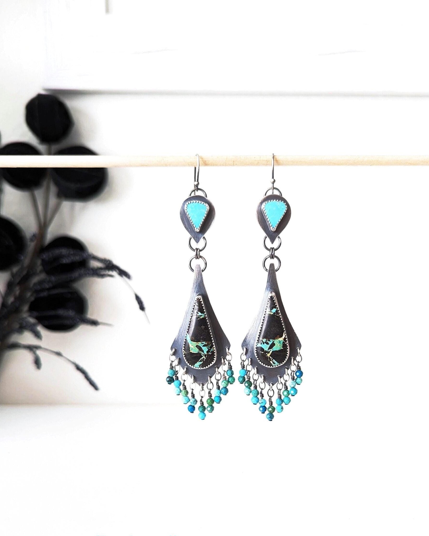Black Jack and Kingman turquoise fringe earrings in oxidized sterling silver