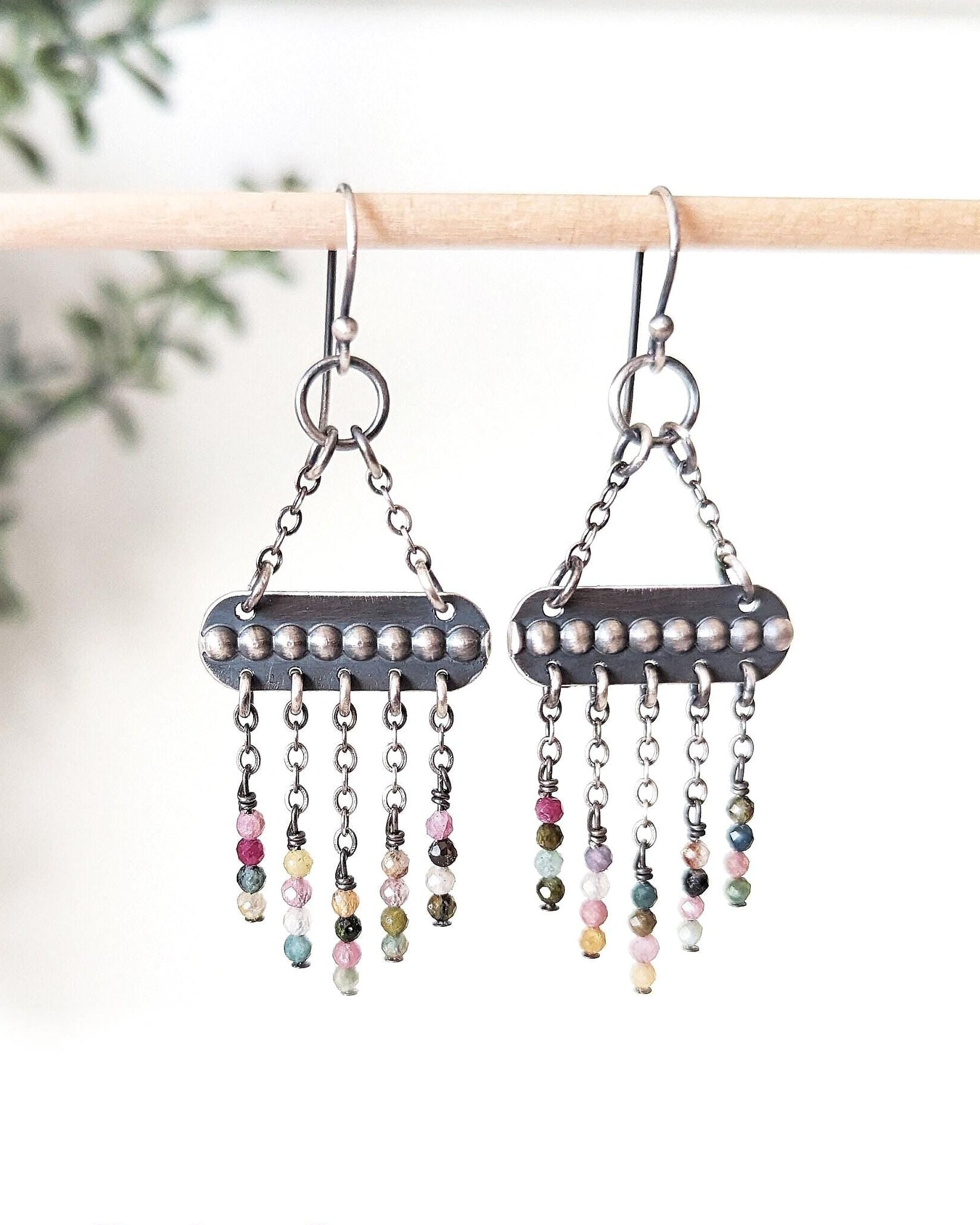 Multi color tourmaline chandelier earrings in oxidized sterling silver
