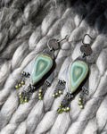 Imperial jasper fringe earrings with oxidized sterling silver tulip setting close up