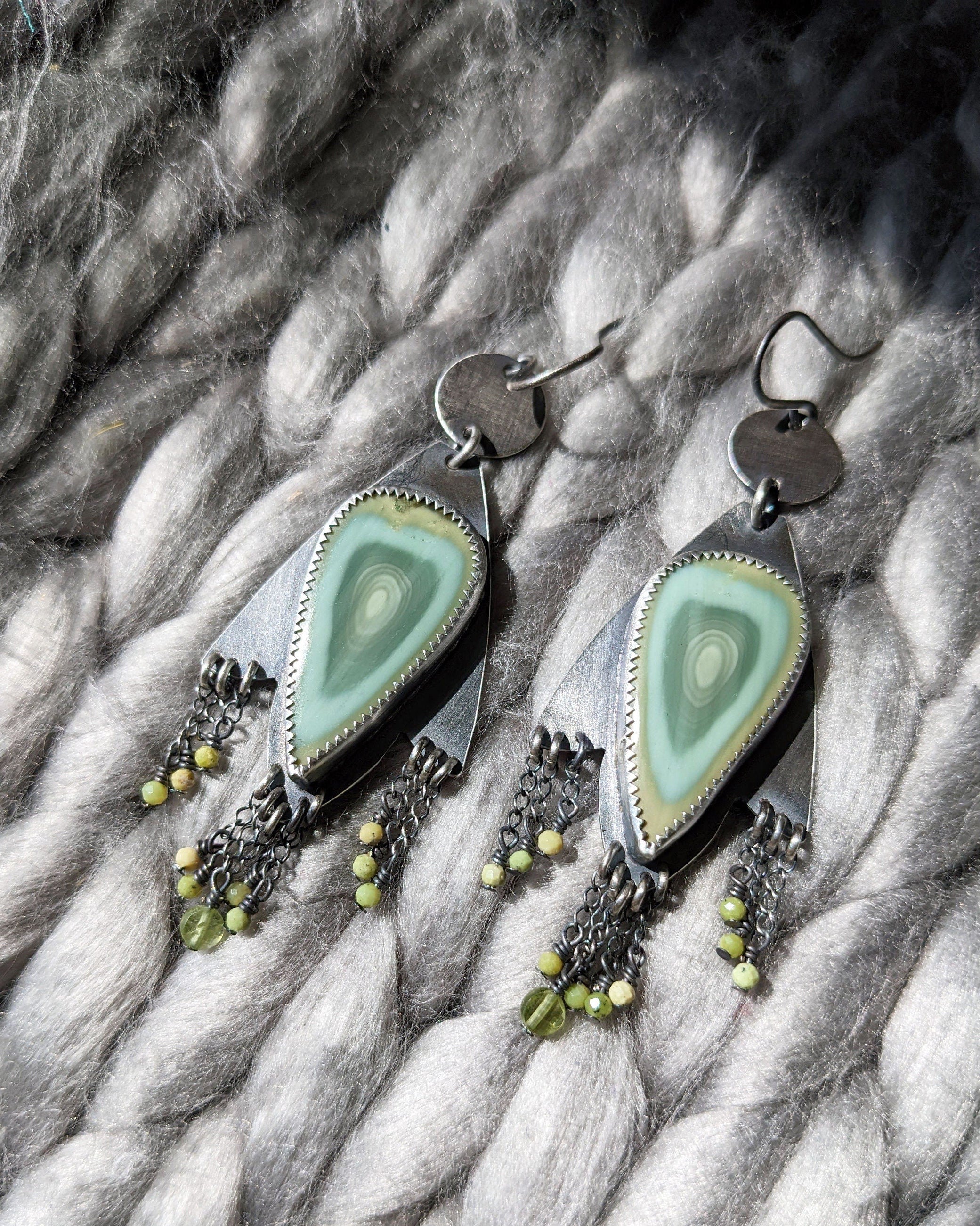 Imperial jasper fringe earrings with oxidized sterling silver tulip setting close up