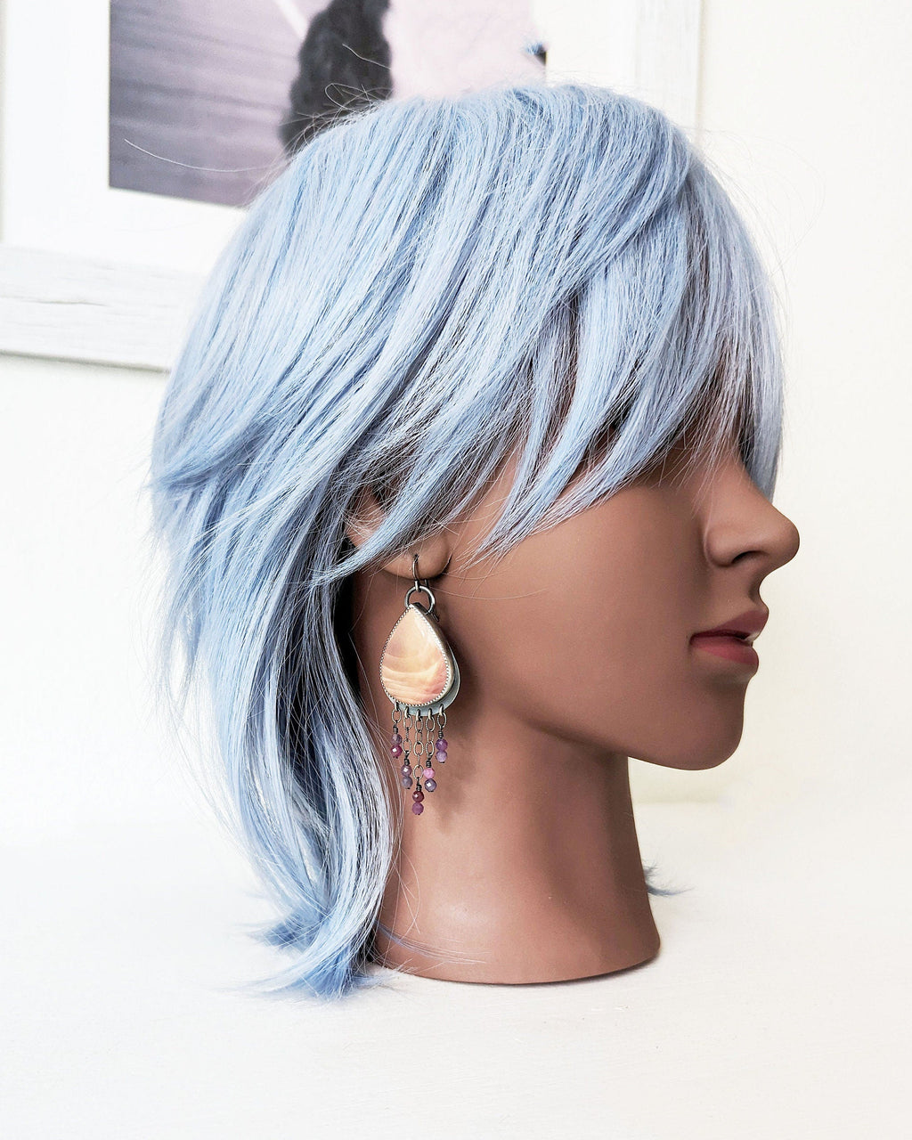 Pastel gemstone statement earrings with rose lilac and beige jasper on mannequin for scale
