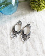Oxidized sterling silver crystal earrings with geometric stepped fringe and CZ accents
