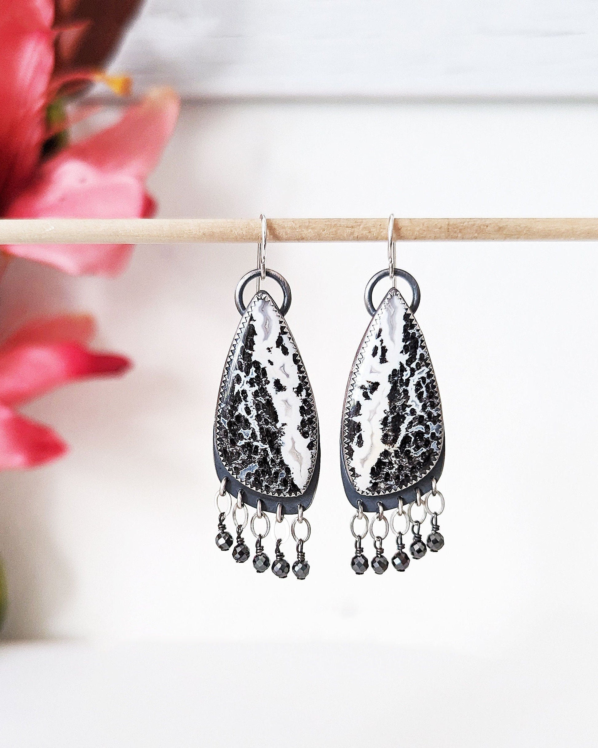 Palm root agate black and white statement earrings in oxidized sterling silver