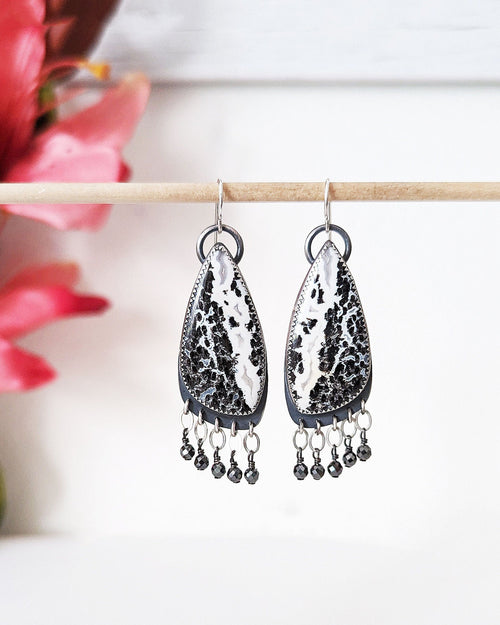 Palm root agate black and white statement earrings in oxidized sterling silver