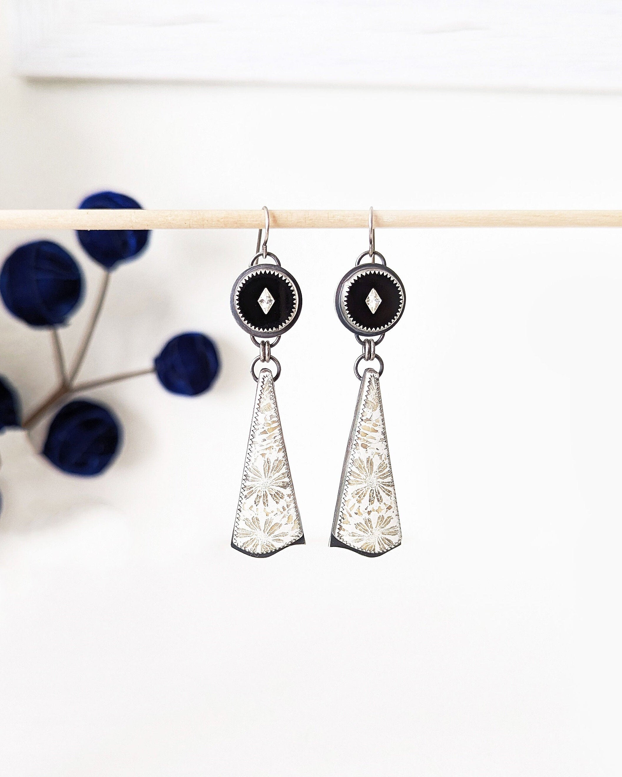 Fossil coral and vintage German rhinestone glass earrings in oxidized sterling silver