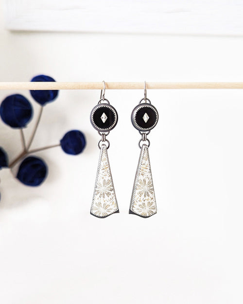 Fossil coral and vintage German rhinestone glass earrings in oxidized sterling silver