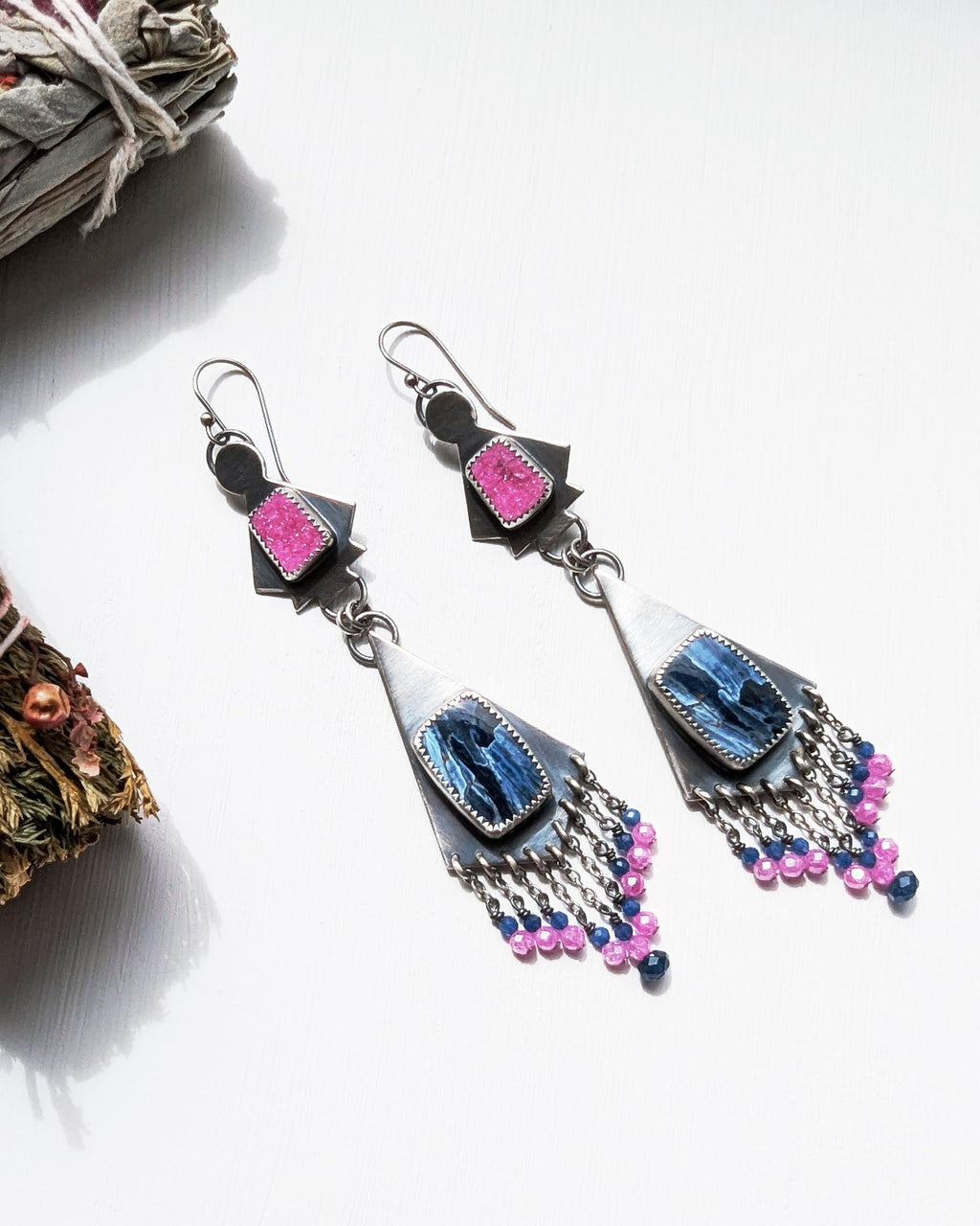 Extra-long geometric statement earrings with gemstone fringe