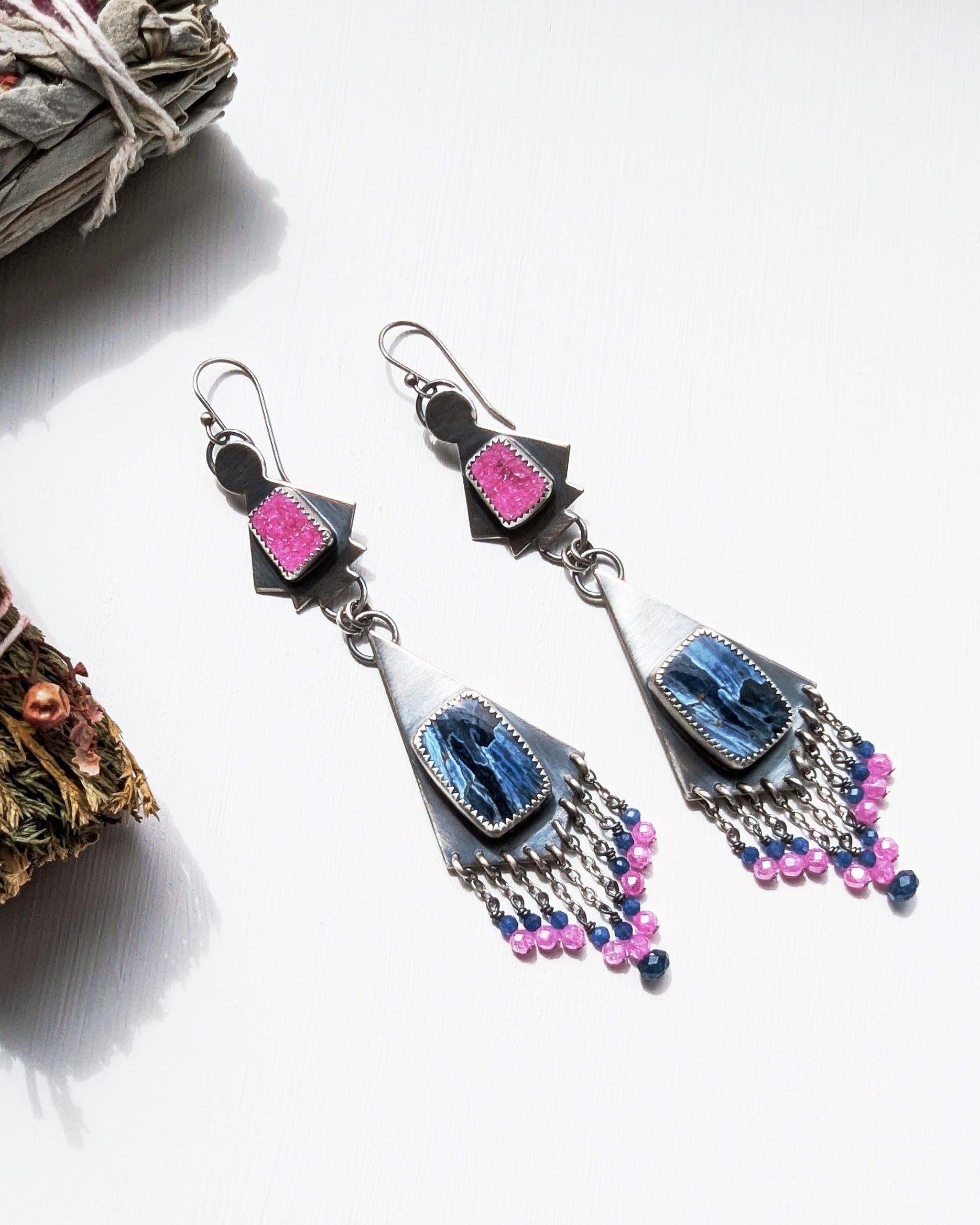 Extra-long geometric statement earrings with gemstone fringe