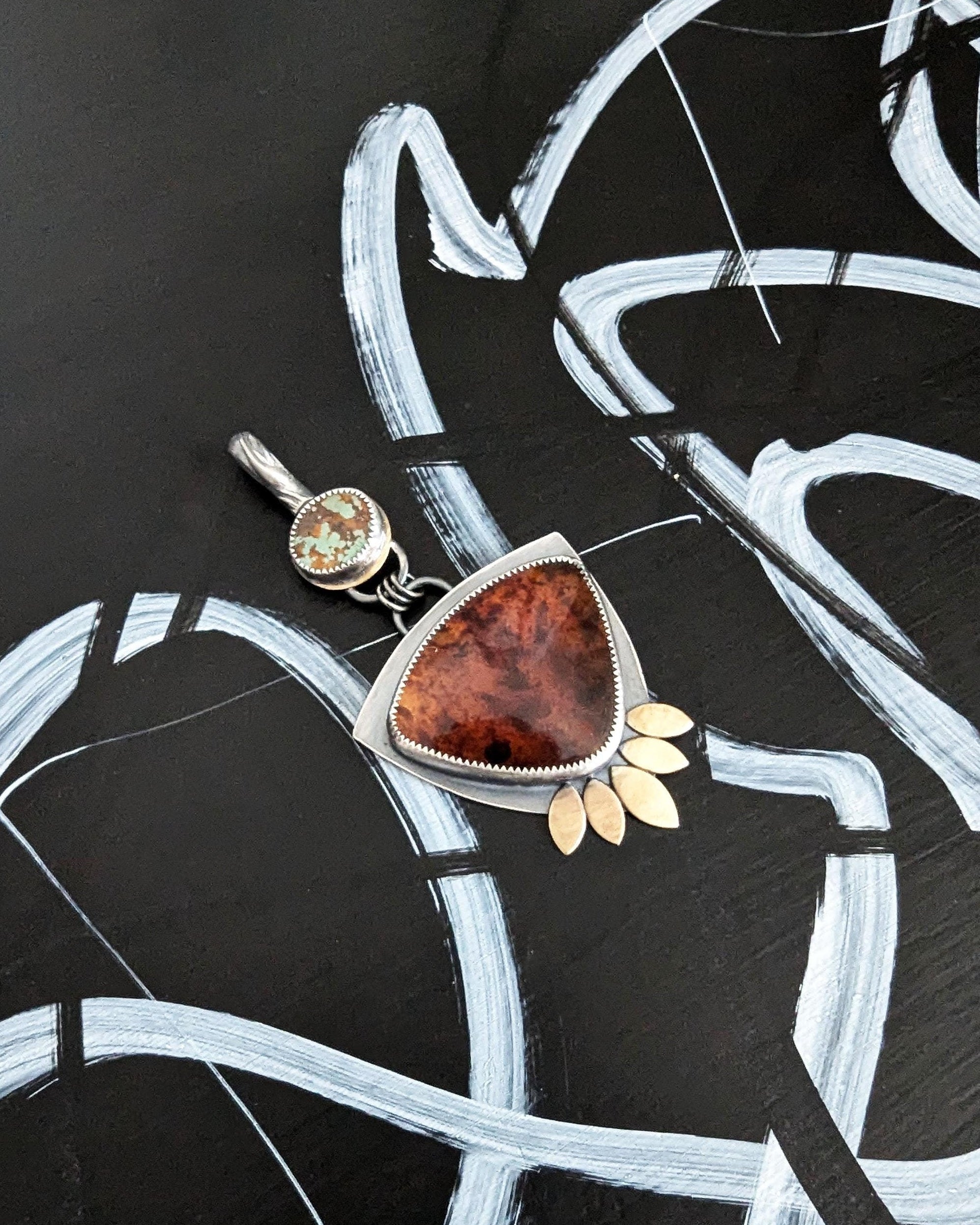 Tibetan turquoise and blue amber pendant in oxidized sterling silver