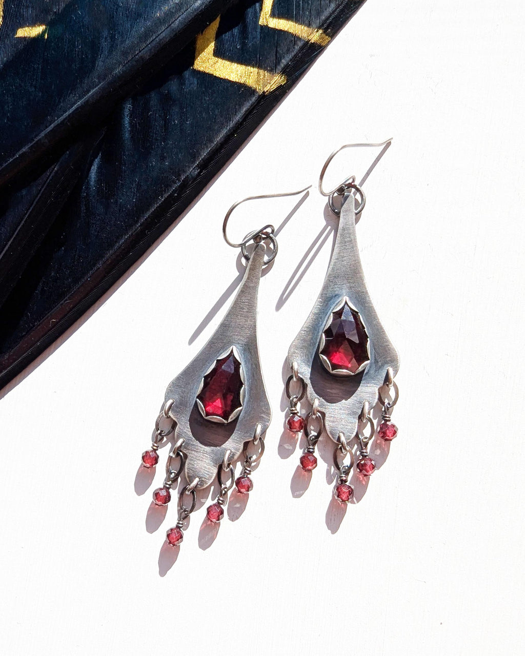 Vintage scallop drop earrings with garnet bead fringe detail