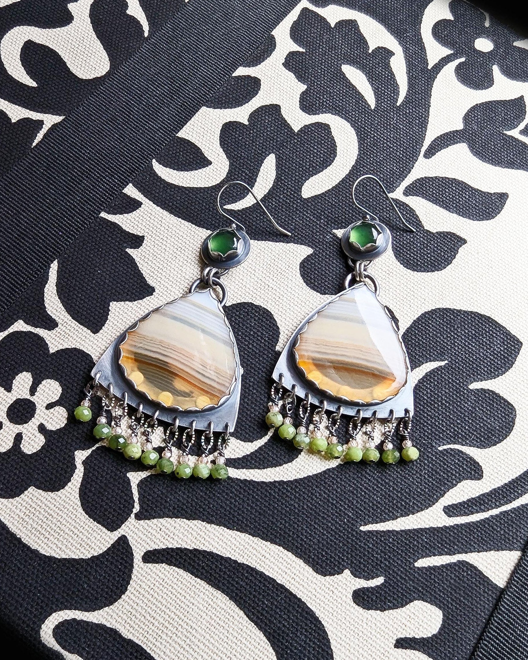 One of a kind banded agate serpentine earrings handmade in silver