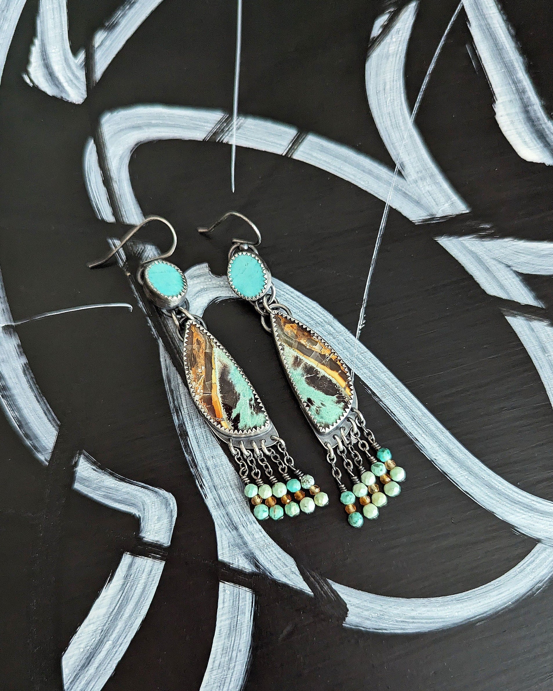 Nature inspired turquoise and wood statement earrings