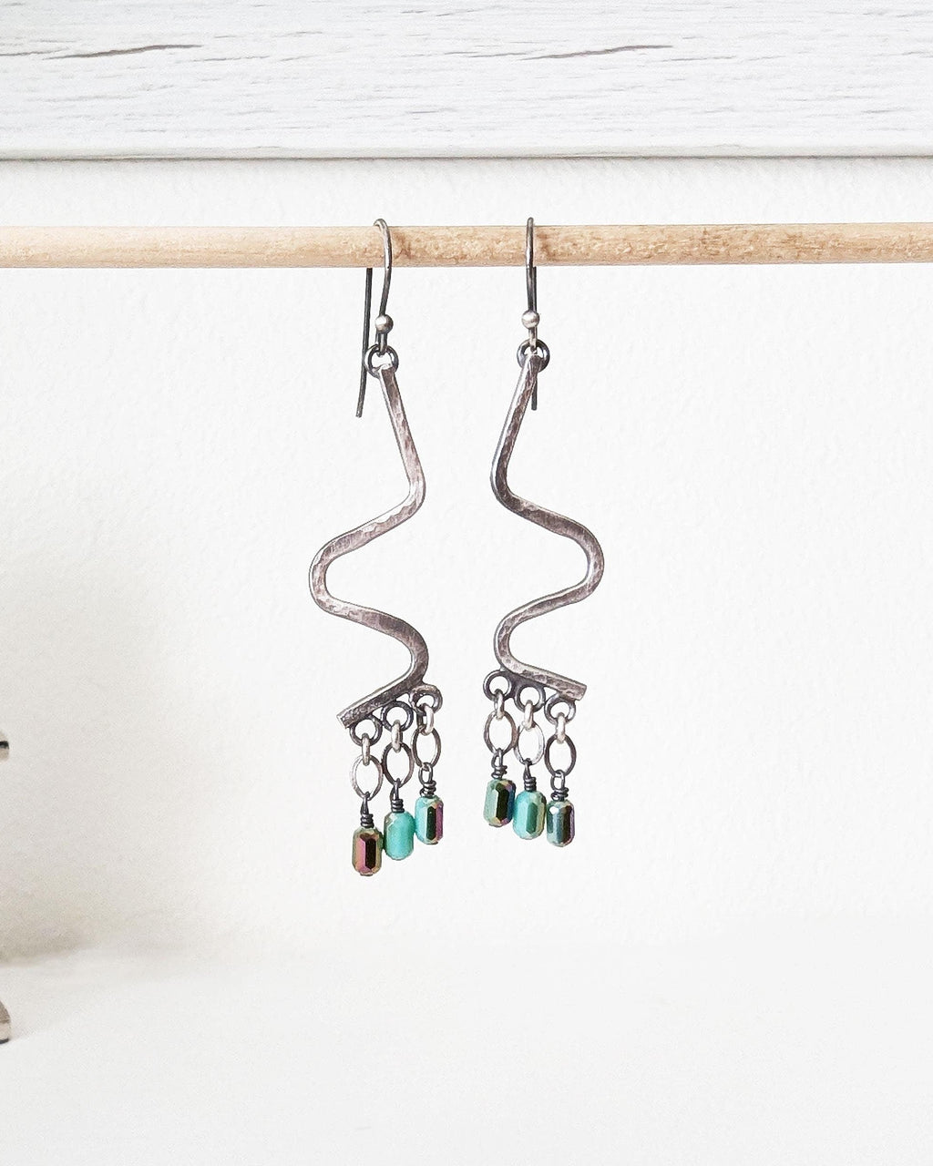 Hammered sterling silver curvy drop earrings with aurora borealis beads