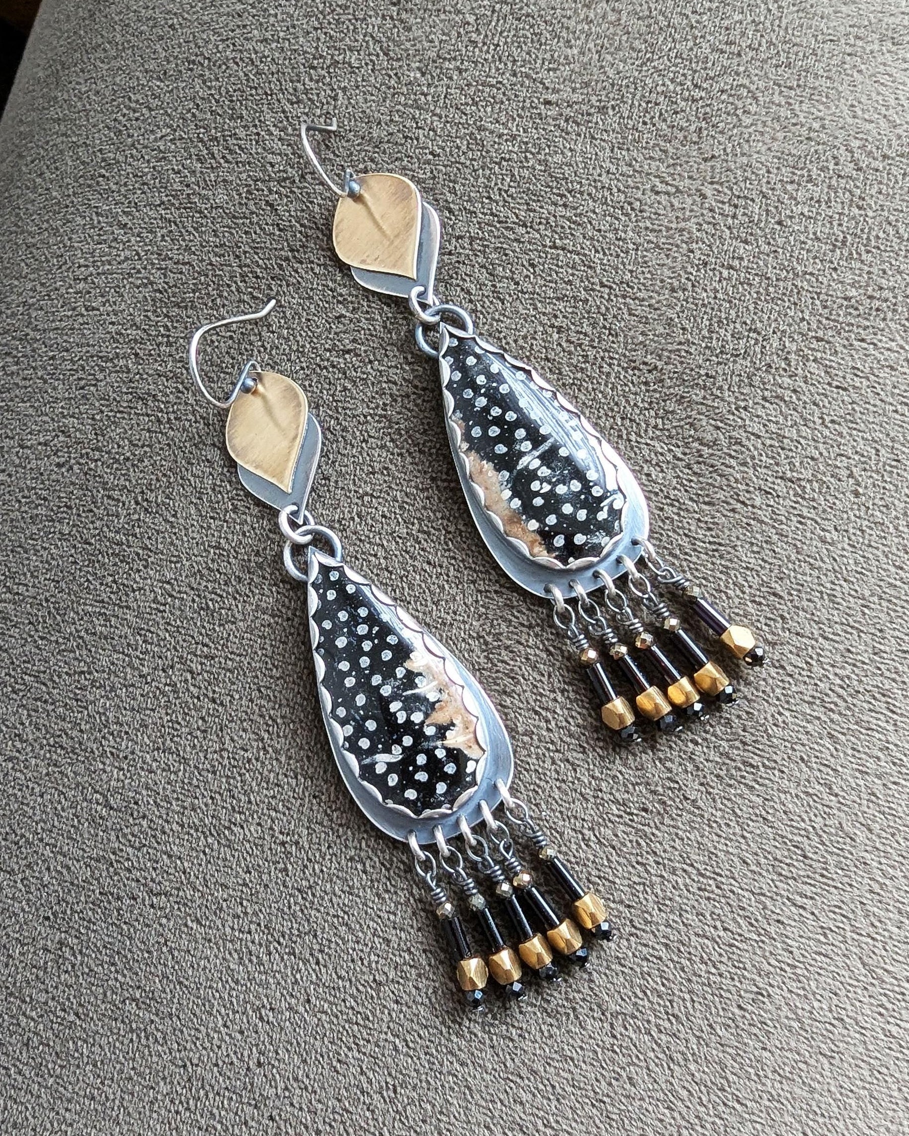 Bold black and gold statement earrings with natural agate