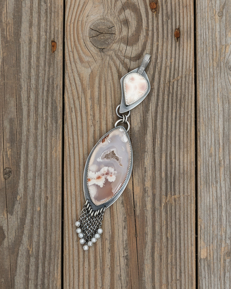Pendant with delicate cubic zirconia beaded fringe and artisan handmade finish
