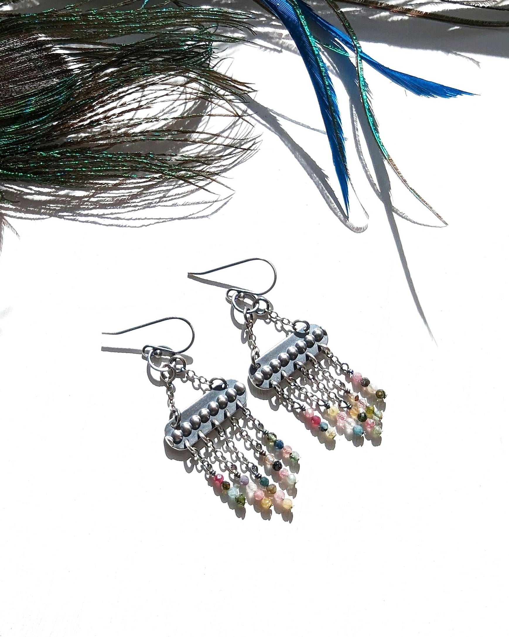 Boho tourmaline chain fringe statement earrings
