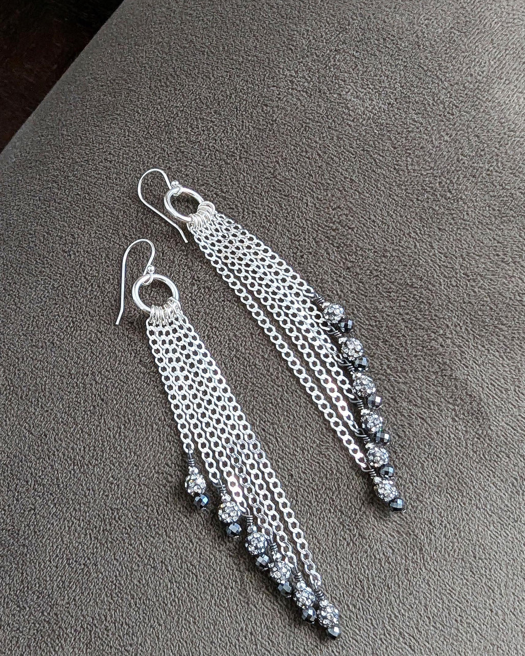 Long sterling silver fringe earrings with silver pyrite accents