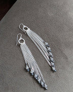 Long sterling silver fringe earrings with silver pyrite accents