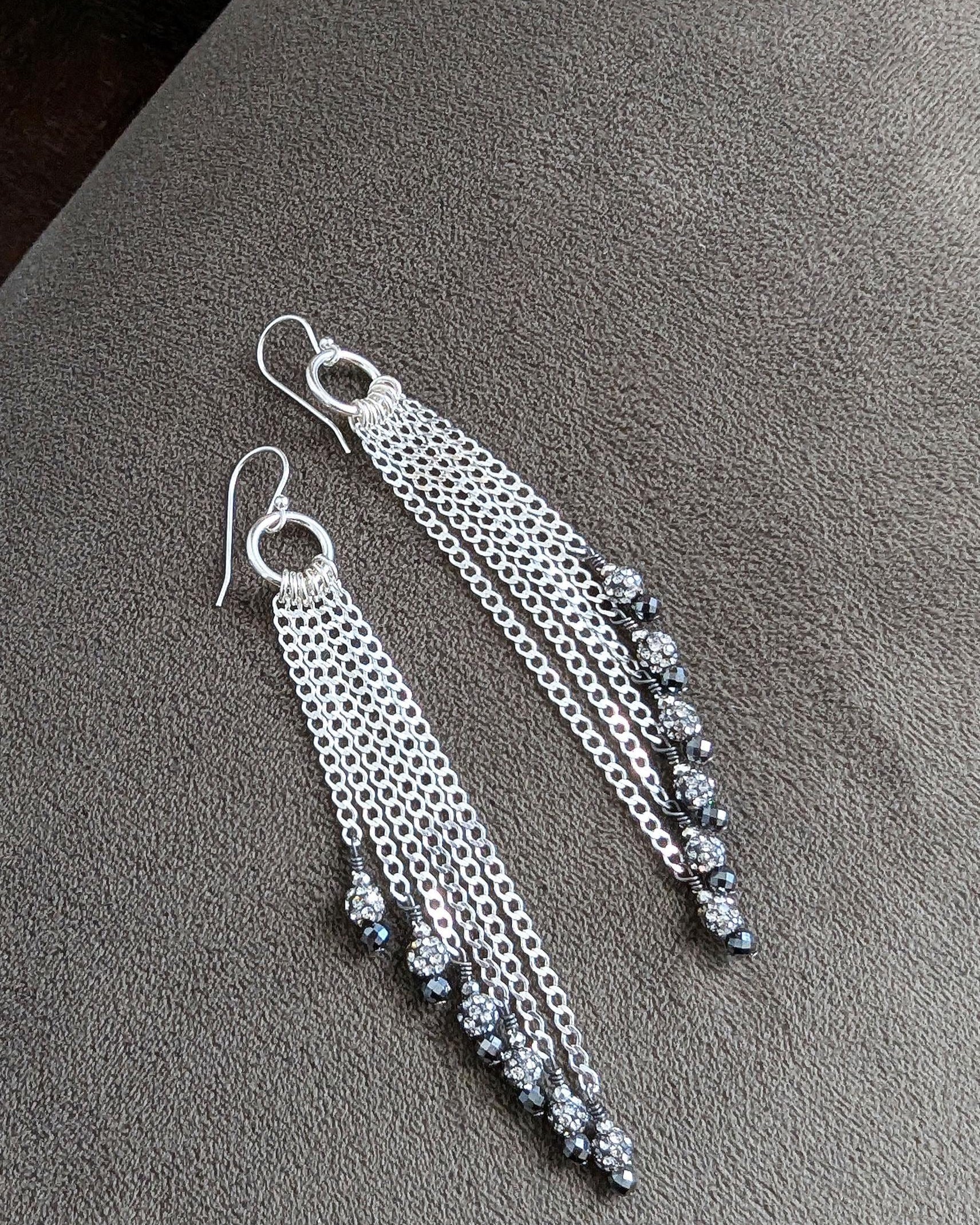 Long sterling silver fringe earrings with silver pyrite accents
