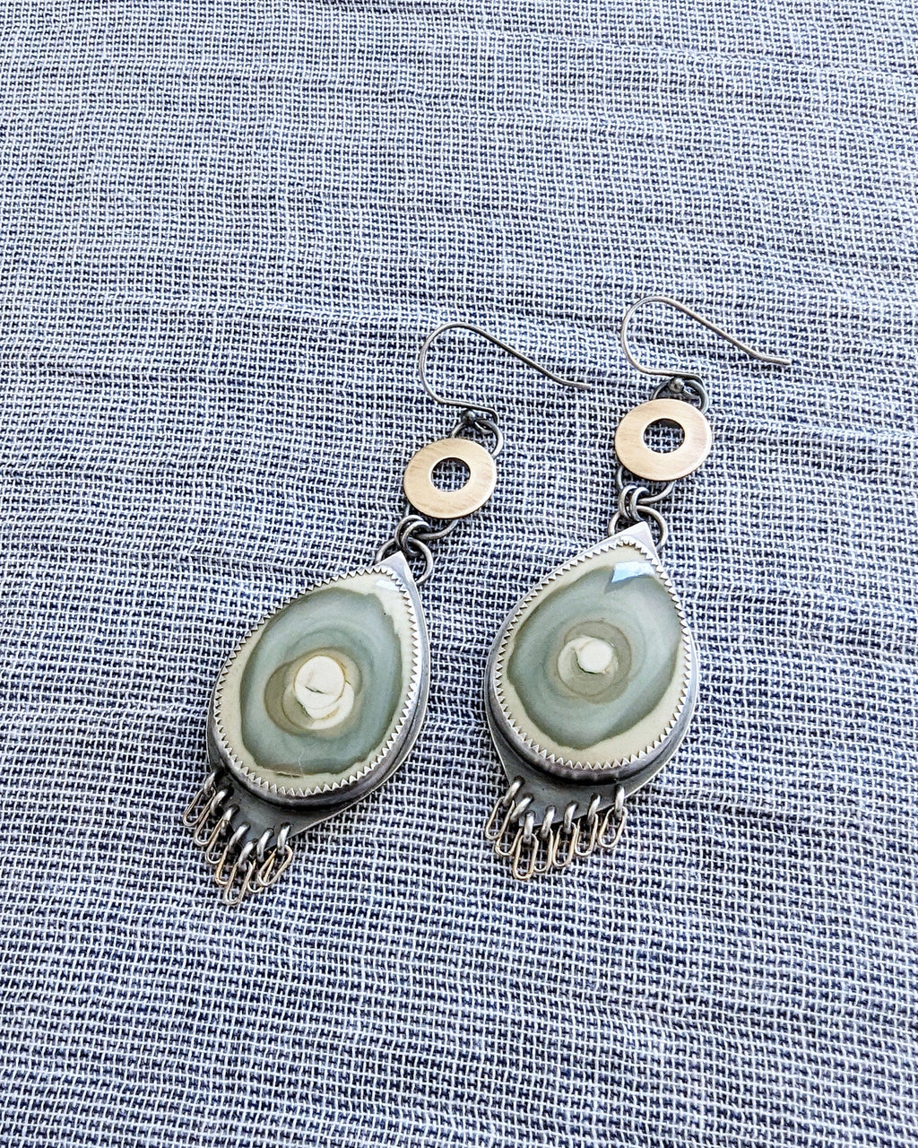 Artisan sterling silver earrings with abstract watercolor jasper patterns