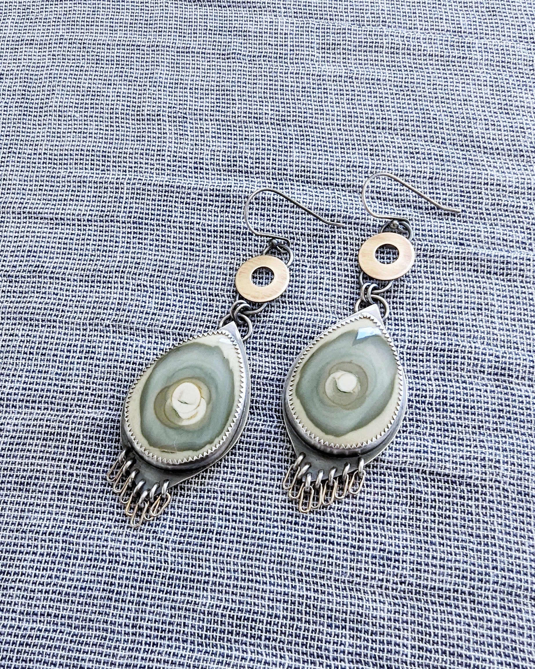 Artisan sterling silver earrings with abstract watercolor jasper patterns