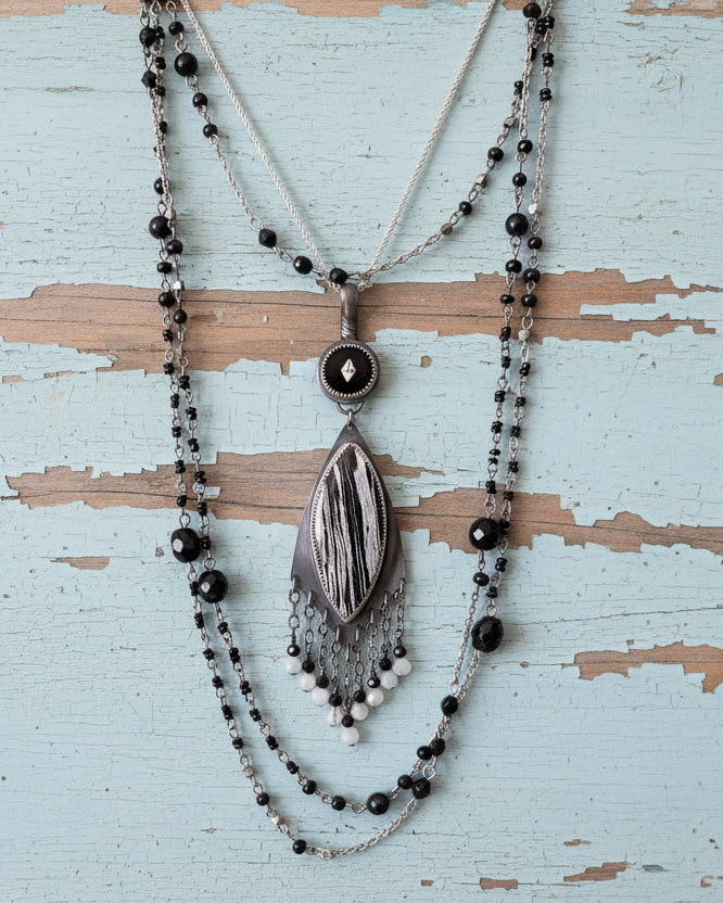 Moftail jasper pendant with vintage 1960s German glass cabochon shown on chain with layer necklace (not Included)