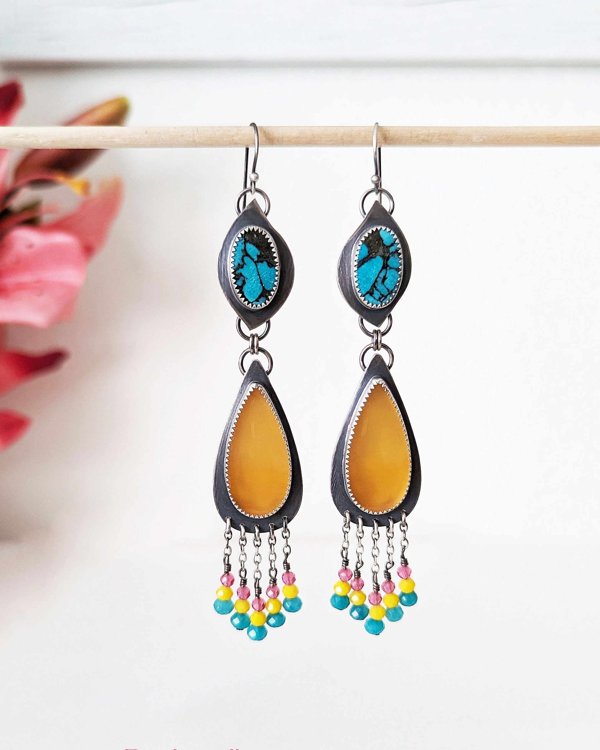 Asymmetrical turquoise leaf and calcite pear dangle earrings