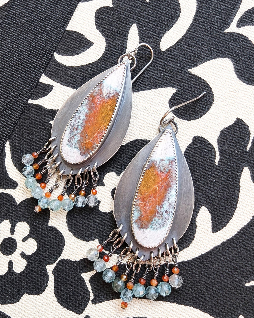 Leaf-shaped oxidized sterling silver drops with gemstone fringe