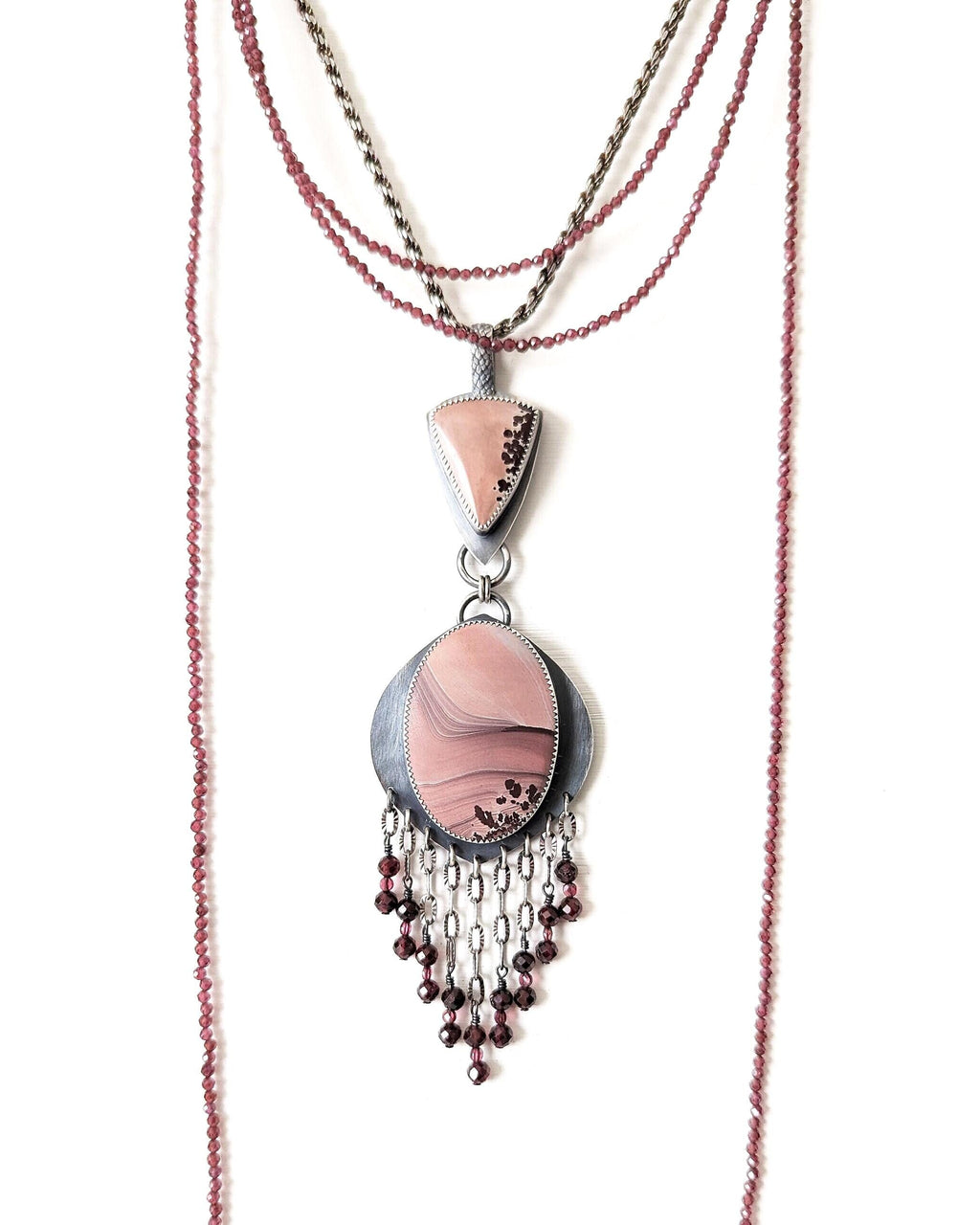 Two-stone rhyolite jasper drop in oxidized sterling silver shown on chain with layering necklace (not included)