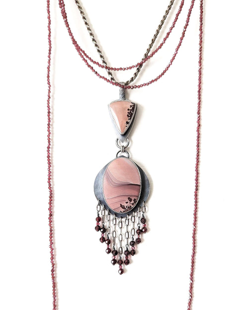 Two-stone rhyolite jasper drop in oxidized sterling silver shown on chain with layering necklace (not included)