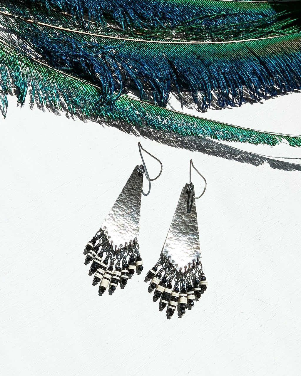 Western boho statement earrings with black and white Heishi beads