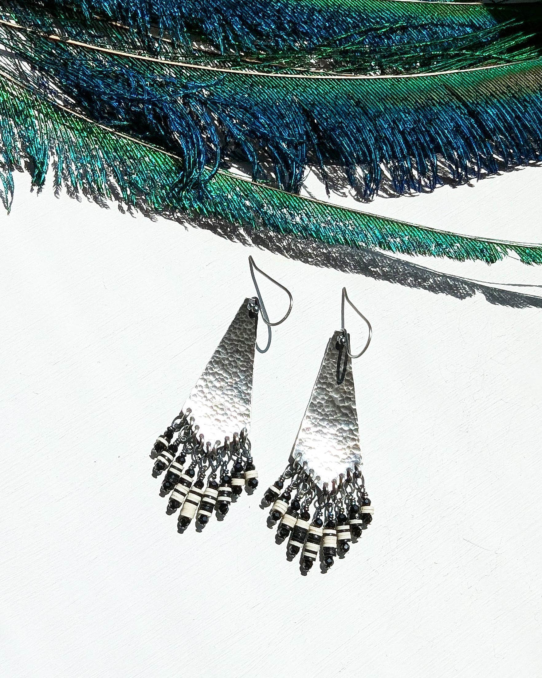 Western boho statement earrings with black and white Heishi beads
