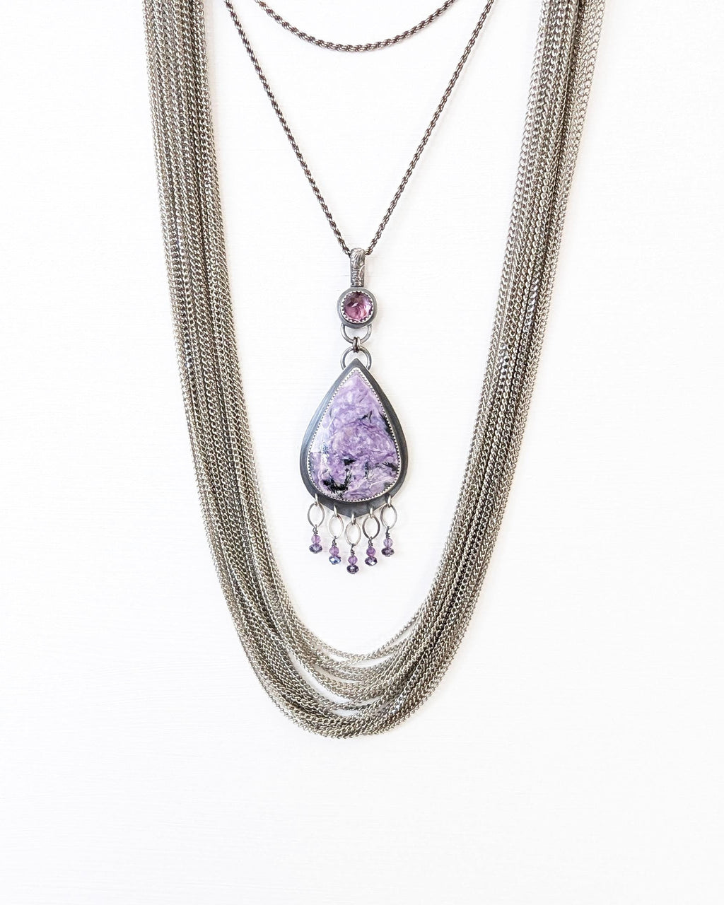 Rose cut charoite pear shaped gemstone necklace style with layer necklace on chain(not included)