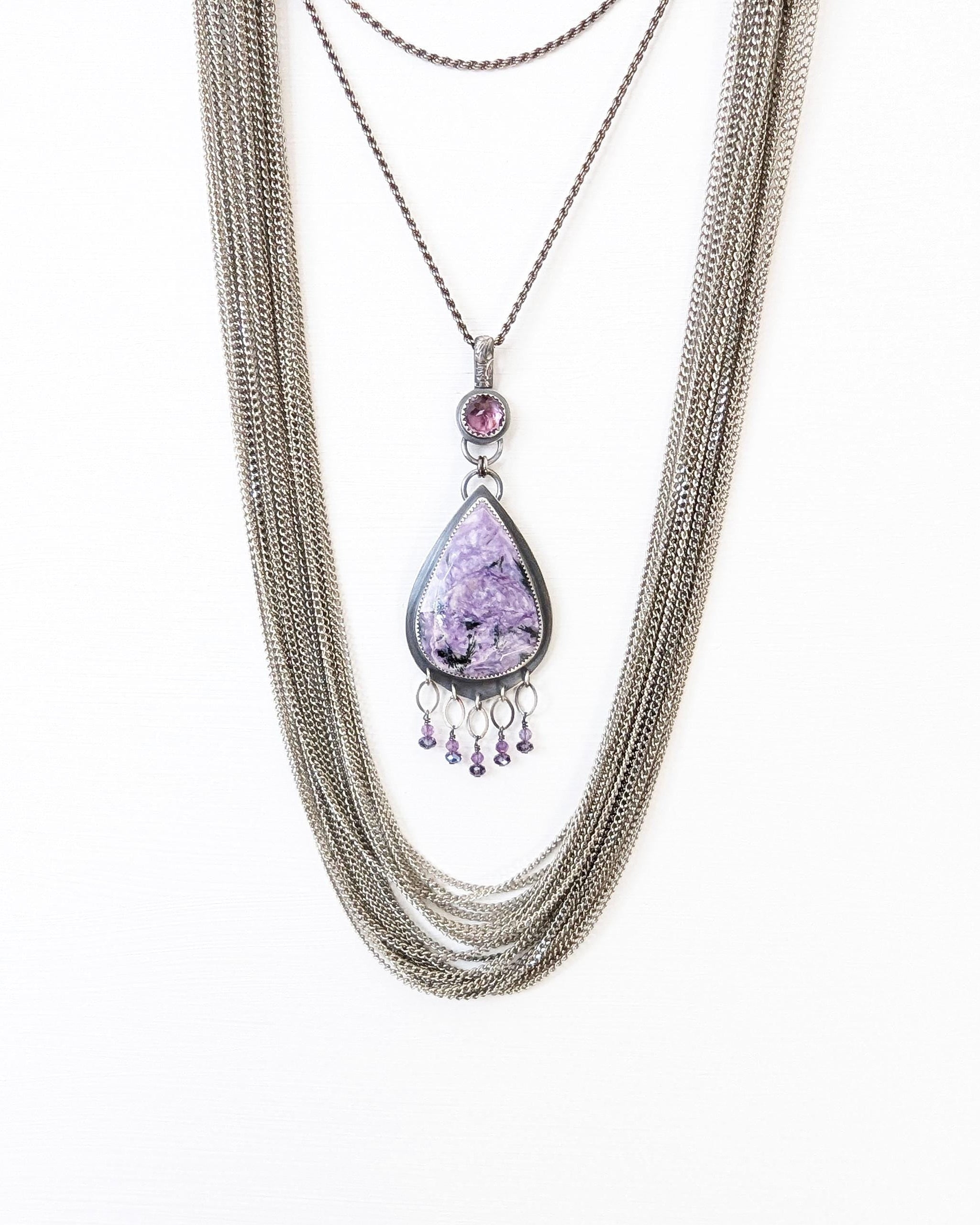 Rose cut charoite pear shaped gemstone necklace style with layer necklace on chain(not included)