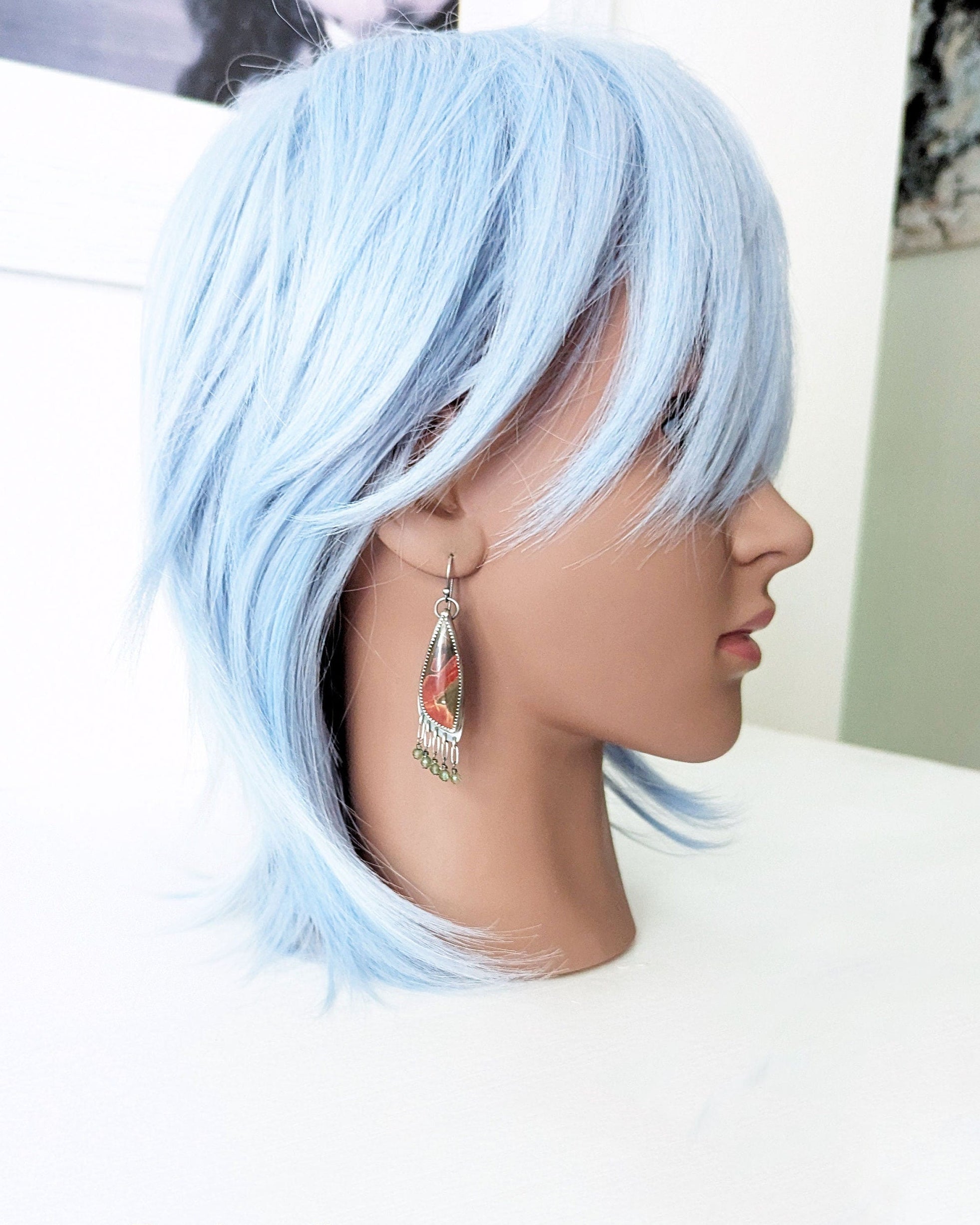 Oxidized sterling silver boho statement earrings on mannequin for scale